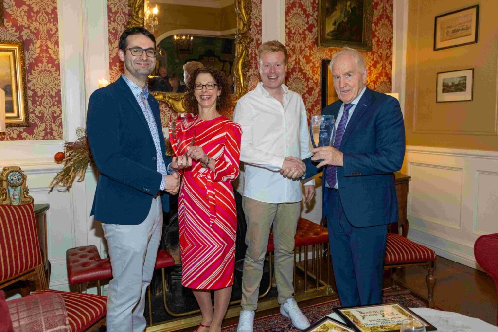 Chef Mark Moriarty and journalist Caroline Hennessy receiving their respective awards at the Listowel Food Fair, presented by Chairperson of the Listowel Food Fair, Jimmy Deenihan and Jeremy Murphy (JM Agency).