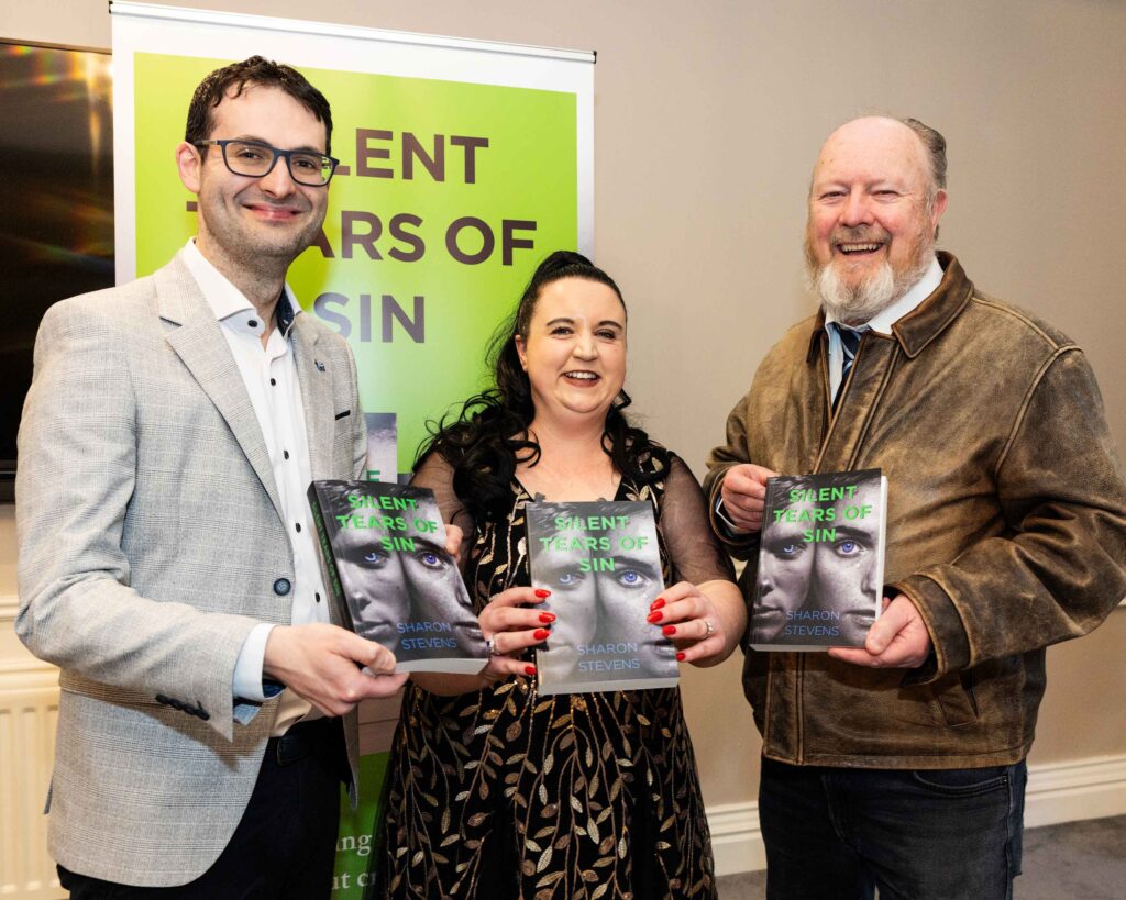 Author Sharon Stevens, pictured with publisher and agent Jeremy Murphy and actor Pat Nolan, at the launch of Stevens' debut book, 'Silent Tears of Sin', Killiney, Dublin.